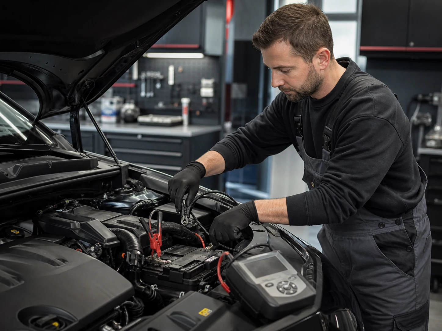 Elektrische Messung an einer Fahrzeugbatterie