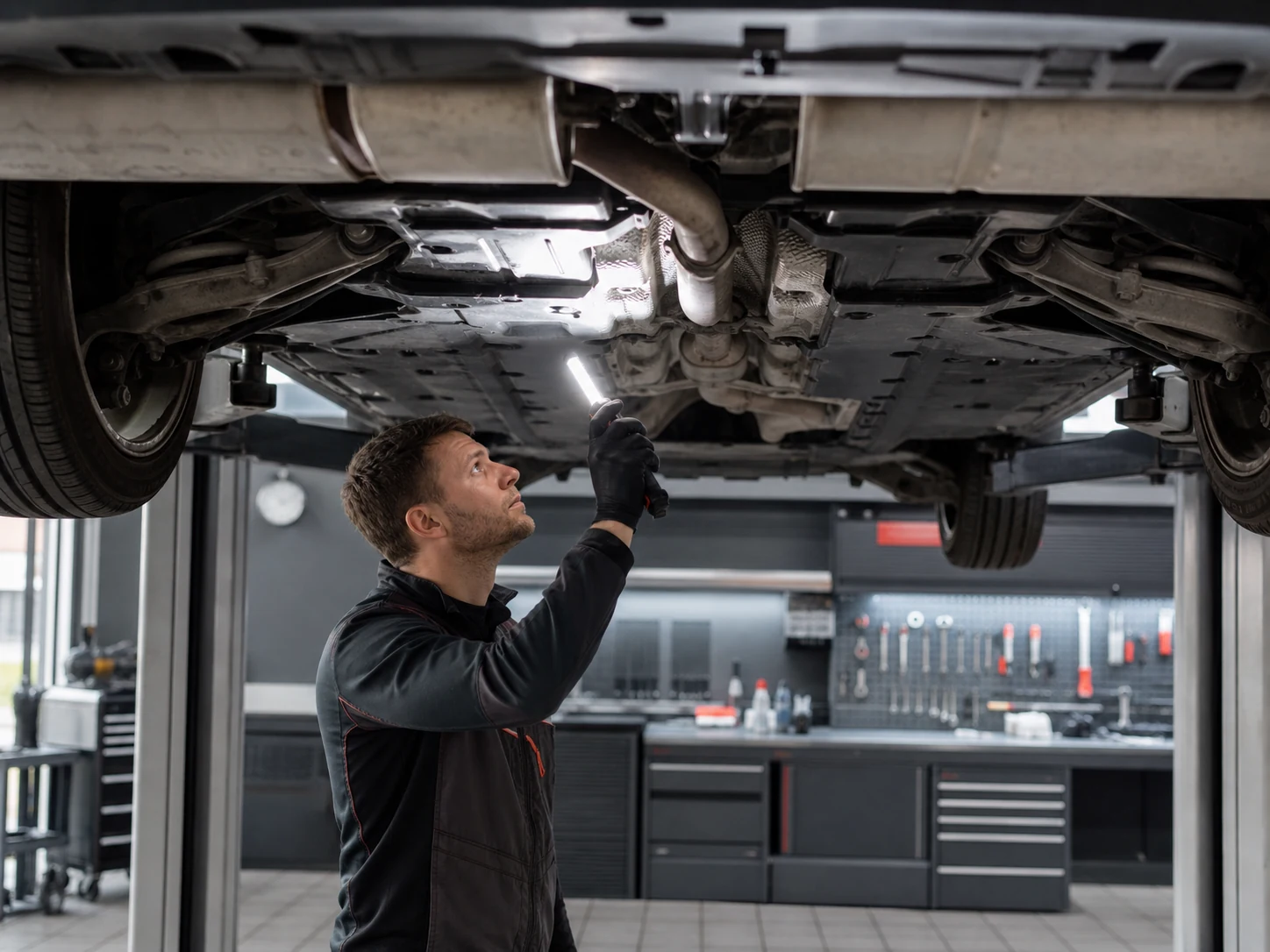 Sorgfältige Prüfung eines Fahrzeugs auf der Hebebühne